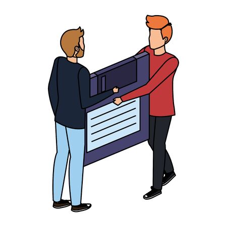 young men lifting floppy disk data storage vector illustration designのイラスト素材