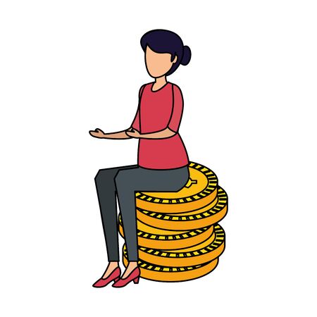 young woman seated in coins cash money dollars vector illustration designのイラスト素材