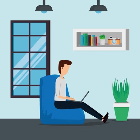 businessman sitting chair with laptop technology in the buiness office, vector illustrationのイラスト素材