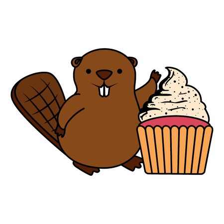 cute beaver mascot with sweet cupcake vector illustration designのイラスト素材