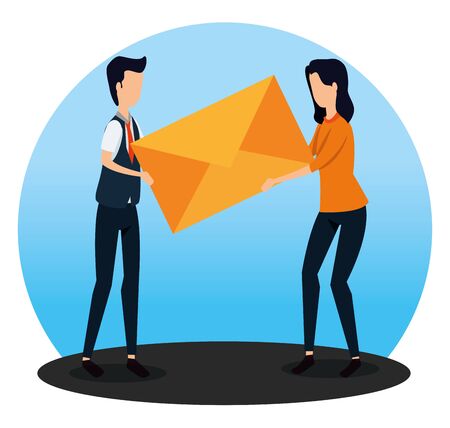 businessman and businesswoman with letter message teamwork to social plan, vector illustrationのイラスト素材