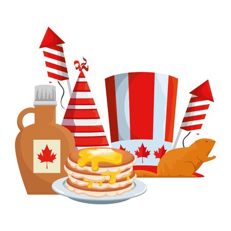 canadian tophat with maple syrup bottle and otter vector illustration designのイラスト素材