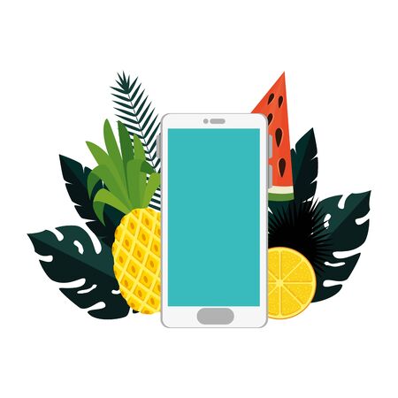 summer frame with tropical fruits and smartphone vector illustration designのイラスト素材