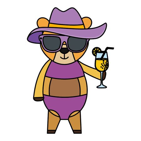cute female bear with summer hat and cocktail vector illustration designのイラスト素材