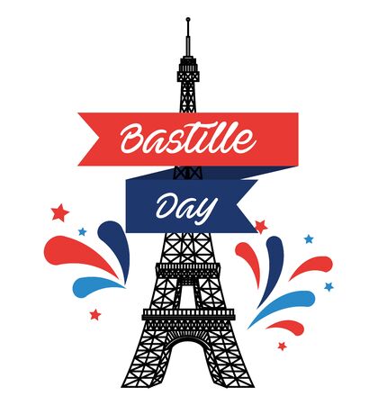 eiffel tower with ribbon decoration to bastille holiday over white background vector illustrationのイラスト素材