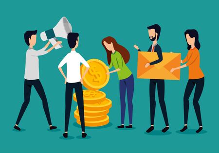 businessmen and businesswomen teamwork with coins and megaphone to strategy plan, vector illustrationのイラスト素材
