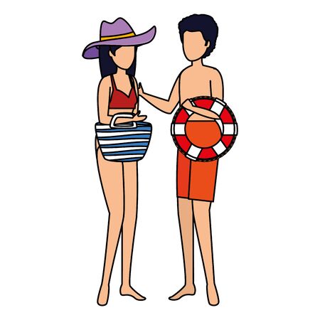 young couple with float and handbag characters vector illustration designのイラスト素材