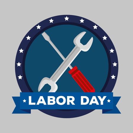 label of screwdriver and wrench with ribbon decoration over blue background, vector illustrationのイラスト素材