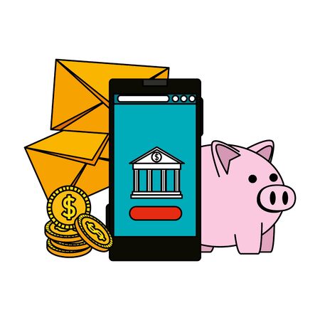 smartphone with bank building app and envelopes money vector illustrationのイラスト素材