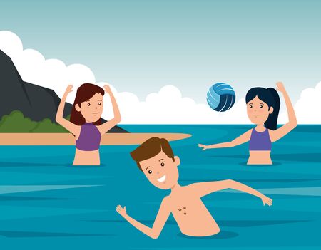 boy swimming and girls playing volleyball in the water to summer sport vector illustrationのイラスト素材