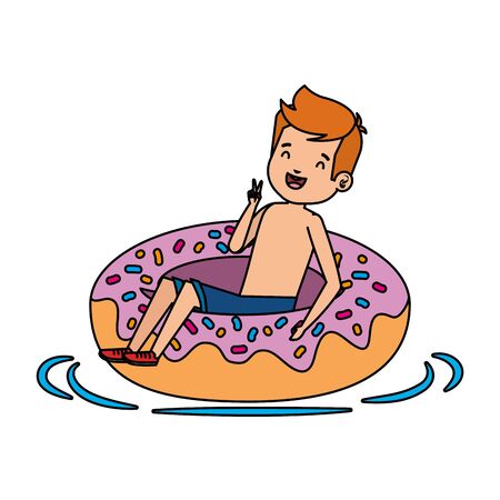 cute little boy with swimsuit and donut float vector illustration designのイラスト素材
