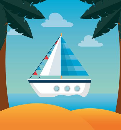 tropical beach with ship and palms trees in the sand to summer time vector illustrationのイラスト素材