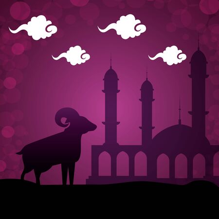 sheep xalda sacrifice with clouds and traditional castle to eid al adha, vector illustrationのイラスト素材