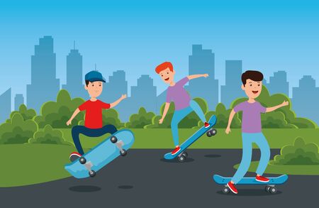 boys practing skateboard sport in the park with bushes plants vector illustrationのイラスト素材