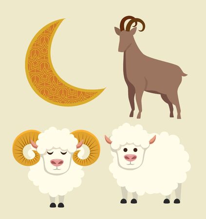 set of moon with deer and sheep sacrifice to eid al adha, vector illustrationのイラスト素材
