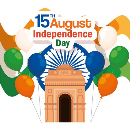 india architecture with emblem and balloons decoration to independence day vector illustrationのイラスト素材