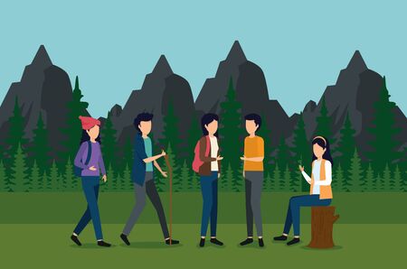 women and man waliking with backpack and stick in the landscape to tourism adventure vector illustrationのイラスト素材