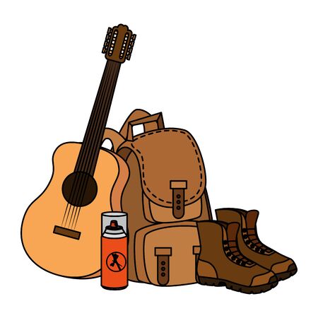 camping travel bag with guitar and boots vector illustration designのイラスト素材