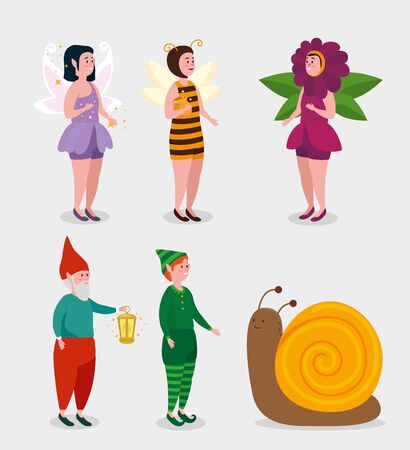 set of girls fairies woth man gnomo and boy elf to tale character, vector illustrationのイラスト素材