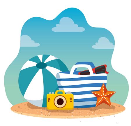 camara with ball and sunglasses inside purse with starfish to summer time vector illustrationのイラスト素材