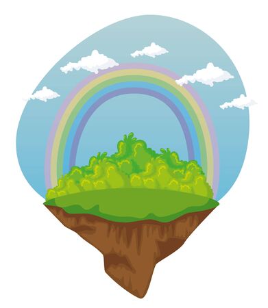 bushes plants with cute rainbow and clouds to fantasy story, vector illustrationのイラスト素材