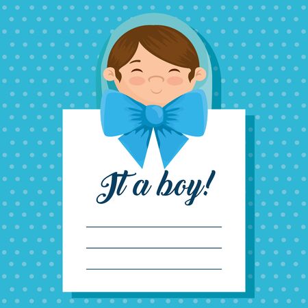 letter with little boy and ribbon bow over blue backgroundのイラスト素材