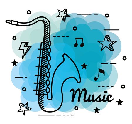 trumpet instrument with stars and quaver with beam notes to music melody vector illustrationのイラスト素材