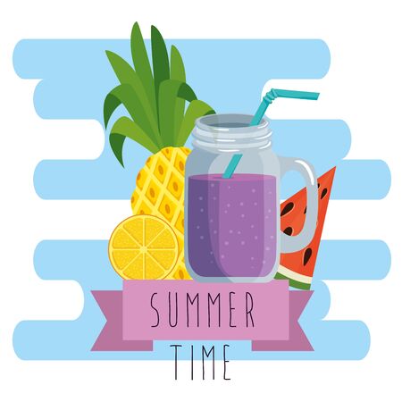 pineapple with lemon and watermelon fruits with smoothie and ribbon vector illustrationのイラスト素材