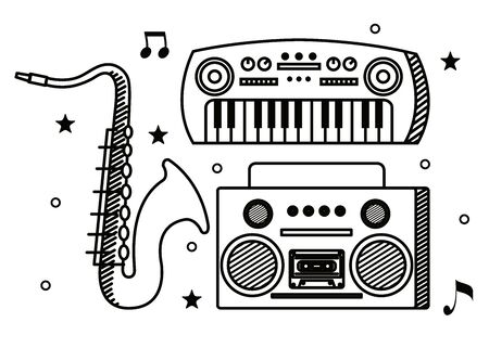 piano with saxophone instrument and art radio to music melody vector illustrationのイラスト素材