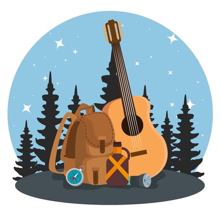 nature pines trees landscape with backpack and guitar to summer adventure vector illustrationのイラスト素材