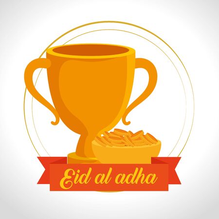chalice with gold coins and ribbon decoration to eid al adha celebration, vector illustrationのイラスト素材