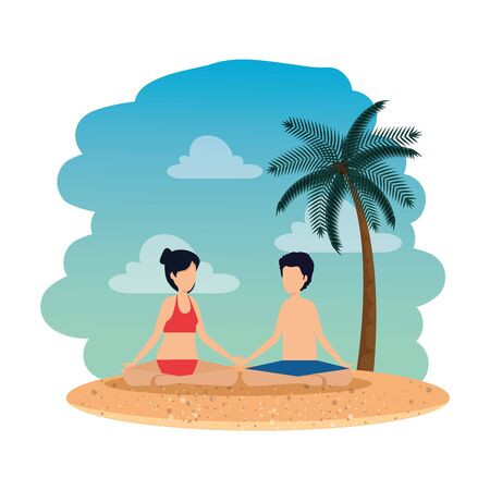 young couple with swimsuit practicing yoga on the beach vector illustration designのイラスト素材