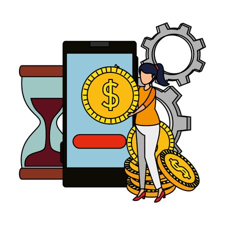 young woman with smartphone and coins ecommerce icons vector illustrationのイラスト素材