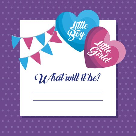 letter of party banner and hearts with little girl and boy to baby shower vector illustrationのイラスト素材