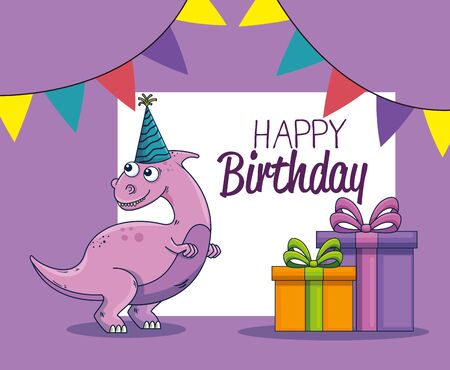 letter of paralosaurus with hat party and presents to happy birthday vector illustrationのイラスト素材