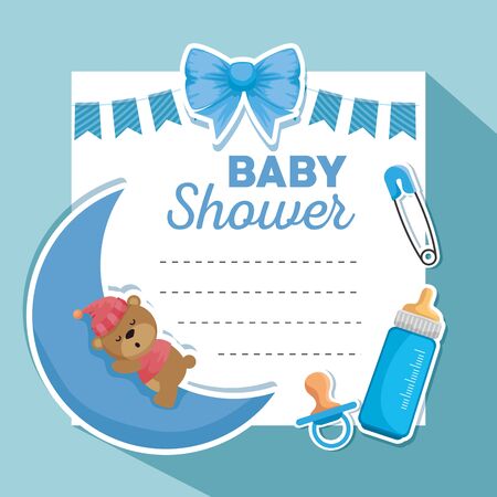 card of bear sleeping in the moon with feeding bottle to baby shower vector illustrationのイラスト素材