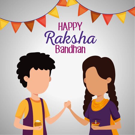 girl and boy siblings with party banner decoration to raksha bandhan, vector illustrationのイラスト素材