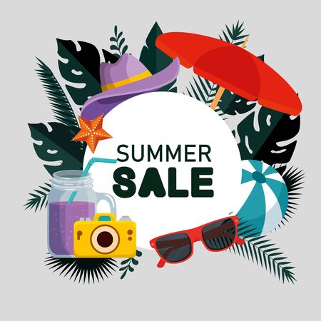 label of tropical smoothie with umbrella and exotic leaves plants to summer time vector illustrationのイラスト素材