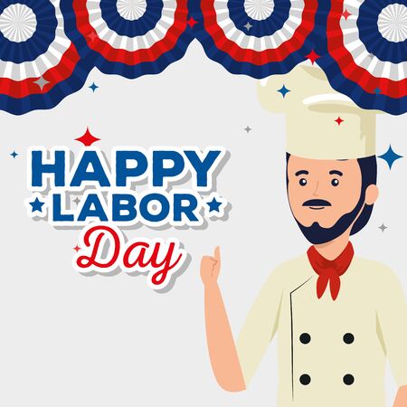 poster of man chef with stars and decoration to labor day, vector illustrationのイラスト素材