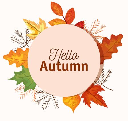 hello autumn label with leaves and plants over white background, vector illustrationのイラスト素材