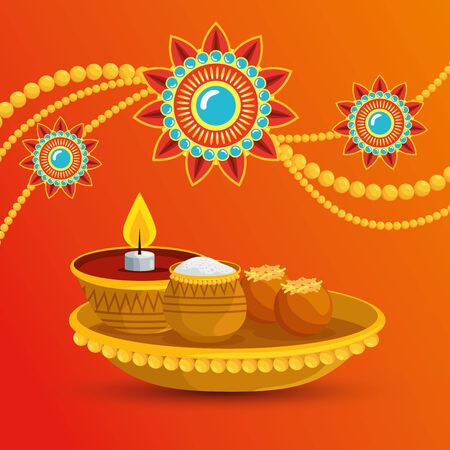 flowers bracelets with candle and food decoration to raksha bandhan, vector illustrationのイラスト素材
