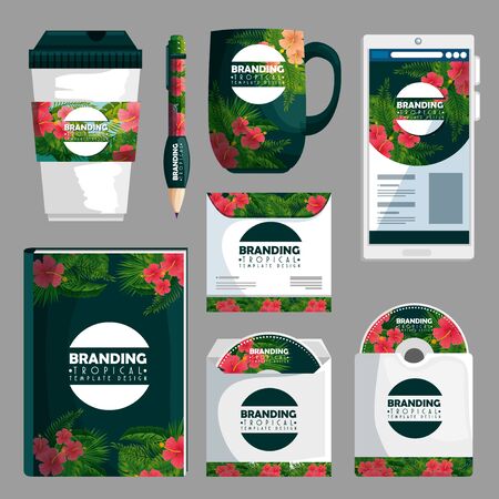 set of branding tropical product how books and cd envelope vector illustrationのイラスト素材