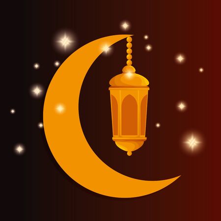 lamp hanging in the moon with stars design to eid al adha, vector illustrationのイラスト素材