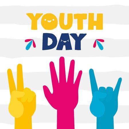 raised hands peace and love rock and roll happy youth day flat design vector illustrationのイラスト素材