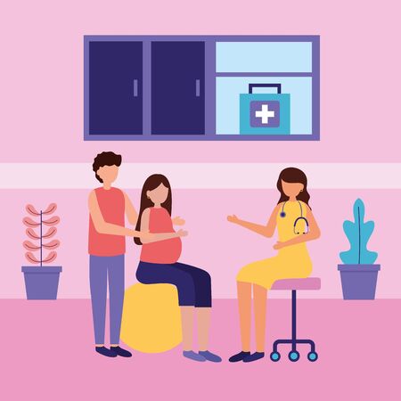 man and woman pregnancy sitting on ball visit doctor maternity scene flat vector illustrationのイラスト素材