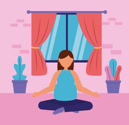 woman pregnancy practicing yoga relaxing maternity scene vector illustrationのイラスト素材