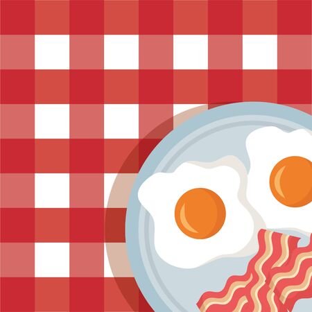 breakfast cooking fried eggs bacon tablecloth background vector illustrationのイラスト素材