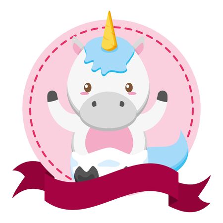 cute little unicorn in frame with ribbon vector illustration designのイラスト素材