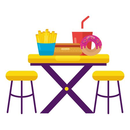 hot dog french fries soda donut on table with chairs vector illustrationのイラスト素材