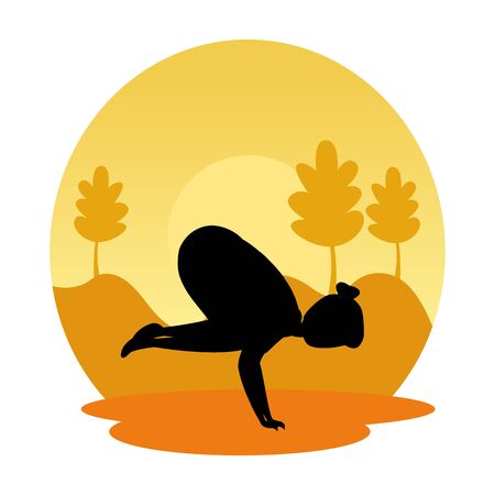 silhouette of woman practicing pilates on the landscape sunset scene vector designのイラスト素材
